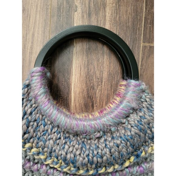 Handknit Purple Blue 13x10 Lined Wood Circle Handle Purse Boho Cottagecore - Picture 3 of 9